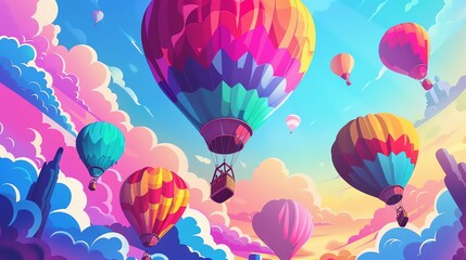Naklejka premium An illustration of a group of colorful hot air balloons floating in a blue sky with clouds.