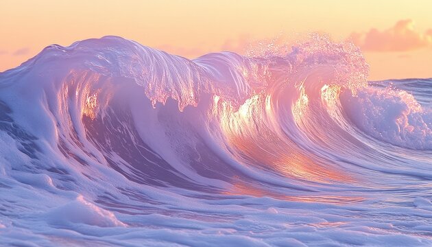 Large Breaking Ocean Wave at Sunset with Pink and Purple Reflections
