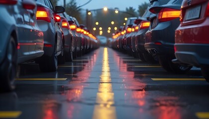 Rows of parked cars with illuminated taillights reflecting on a wet pavement, creating a symmetrical view down the center line. The background features blurred lights, suggesting an evening or nightti