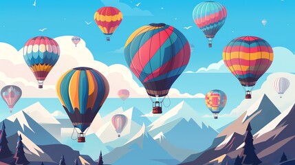 Obraz premium A cartoon illustration of many hot air balloons floating in a blue sky with white clouds.