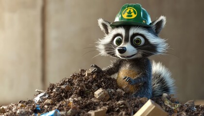 Fototapeta premium Cute Raccoon with Recycle Hat Digging in Trash Heap with Soft Lighting