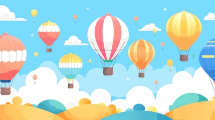 Obraz premium A cartoon illustration of hot air balloons flying in a blue sky.
