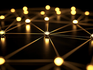 Glowing interconnected nodes on dark background symbolize data networks and connectivity