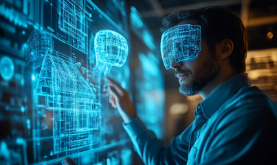 A creative professional and a holographic AI avatar collaboratively designed an architectural blueprint, with intricate 3D holographic