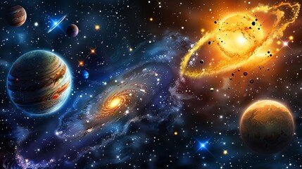 An illustration of a colorful outer space scene with planets, stars and a galaxy.