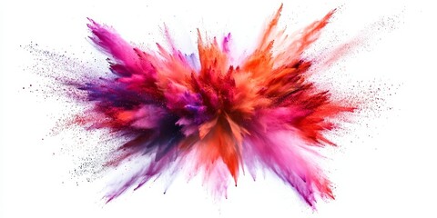 Vibrant multicolored powder explosion against a white background, showcasing a dynamic display of colors in a captivating multicolored powder explosion for artistic visual effects.