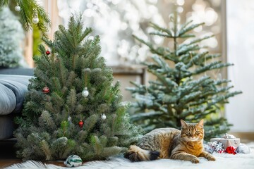 Ginger cat relaxing by Christmas tree in cozy living room during holiday season