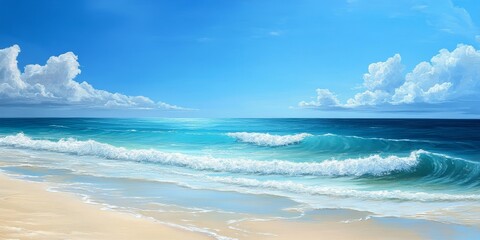 Obraz premium Tranquil beach scene featuring a serene ocean and a clear blue sky, ideal for capturing the essence of a peaceful beach atmosphere with ocean waves and endless blue vistas.