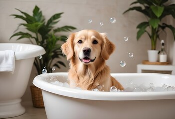 A medium-sized golden Retriever with large ears and big eyes sitting in a white bathtub filled with bubbles . The dog has a small amount of soap suds on its head, creating a playful look . The backgro