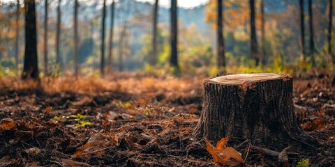 Obraz premium Deforestation an image highlighting the impact of deforestation with a cut tree in the forest. This photo emphasizes deforestation and its effects through selective focus on the tree.
