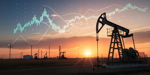 Oil pump jack at sunset with industrial background and financial data overlay indicating market trends and copy space