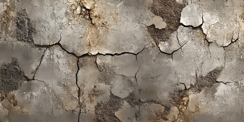 Obraz premium Cracked dry concrete and soil create a textured background. This damaged dry concrete and soil piece offers a unique visual contrast, perfect for various creative projects involving damaged elements.