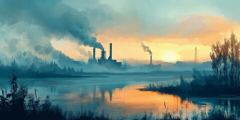 Fototapeta premium Industrial pollution leads to smog that blankets the sky above natural landscapes, impacting air quality and the beauty of these pristine environments.