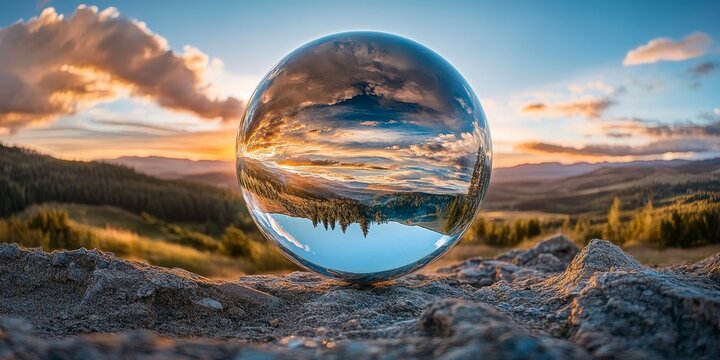Landscape reflection captured in a crystal ball, showcasing the unique view of an upside down landscape. The crystal ball beautifully enhances the upside down landscape s intriguing details.