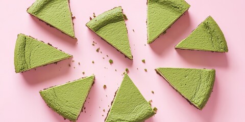 Sliced matcha cheesecake displayed on a soft pink background. This flat lay showcases matcha cake cut into serving portions, featuring a delightful no bake matcha dessert.