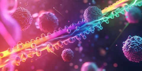 Obraz premium A vibrant, multicolored rainbow diode laser highlights a close up view of nucleic acids, illustrating the concept of nanoparticle diagnostics within cells.
