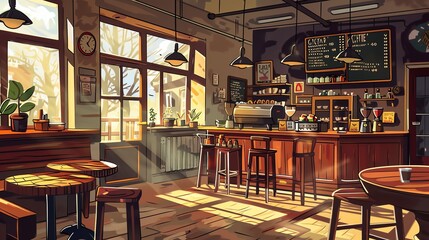 An illustration of a cafe with a counter and tables, drawn in a cartoon style.
