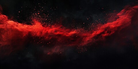 Abstract art featuring a vibrant powder red on a black background. This abstract art showcases a dynamic frozen dust explosion in red against the striking black backdrop.