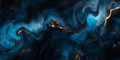 Obraz premium A dark marble backdrop is adorned with abstract patterns of blue and black glitter, creating a striking visual effect. The blend of colors enhances the elegance of the surface.