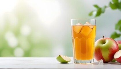 Fototapeta premium A glass of fresh apple juice with ice cubes on a white table against a blurred green background