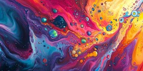 Bright, swirling patterns of vibrant liquid art showcase a stunning explosion of colors that capture the eye and engage the imagination with their dynamic movement and beauty.