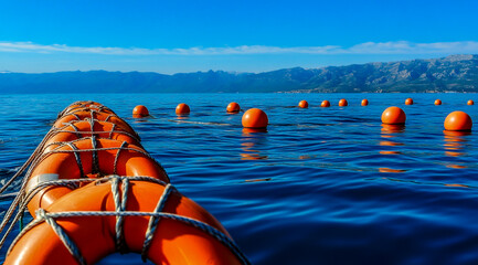 Photo of an orange life preserver rope with many floating buoys in the sea