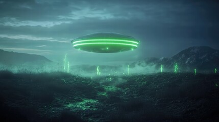 Fototapeta premium Mysterious UFO Above an Alien Landscape with Green Light Effects