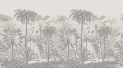 A painted rainforest. Light beige palm trees, silhouette. Textile design, wallpaper design. Mural for the walls.