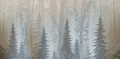 A painted forest. Light beige trees, silhouette. Textile design, wallpaper design. Mural for the walls.