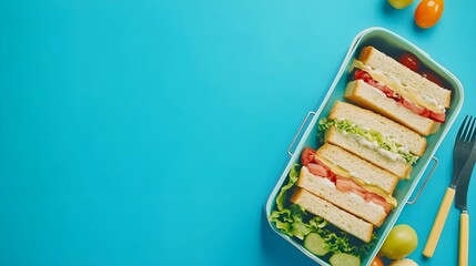 An appealing and health-conscious school lunch scene captured from above. The lunchbox features delectable sandwiches and fresh snacks on a blue background, offering copyspace for text or advertising