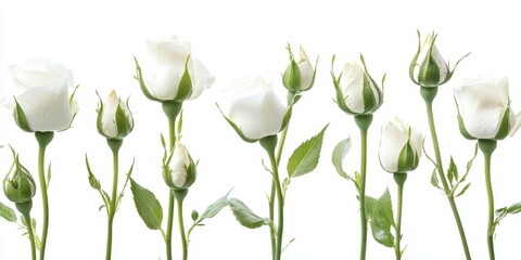 A collection of white rose buds, all isolated against a pure white background, showcases their beauty and elegance. These white rose buds stand out distinctly.