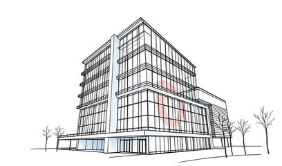 Modern Office Building Sketch: Clean Line Illustration. AI Generated