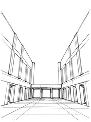 Clean-lined Architectural Sketch: Modern Building Perspective. AI Generated
