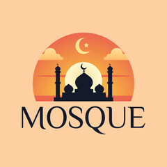 A minimalistic and elegant Ramadan vector illustration with a serene sunrise background in gradient shades of orange and yellow. A silhouette of a mosque with crescent-topped domes and minarets 