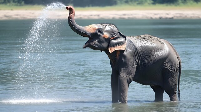 An elephant standing in the water, spraying its trunk with its mouth to cool down. The background is an Indian river or lake, with sunlight shining on it and creating ripples around him.