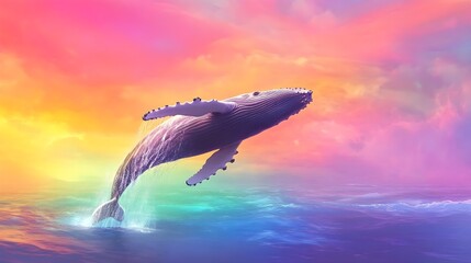 Fototapeta premium An humpback whale breaching in pacific ocean cabo san lucas mexico on a rainbow sky background
