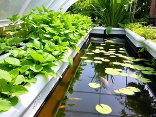 The serene beauty of an Aquaponics system, where lush green plants thrive in harmony with a calm pond, reflecting the splendor of nature