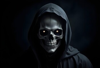 A hooded figure with a terrifying skeletal face against a dark background