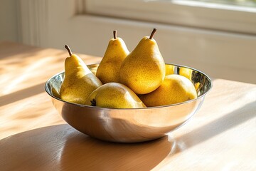 Bright pears nestled in shiny bowl capture warm sunlight and vib
