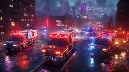 Fototapeta premium Emergency Response Vehicles in Urban Night Scene
