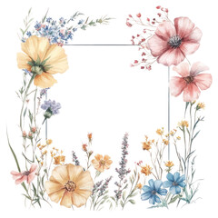 PNG Wild flowers square line frame art illustration watercolor.