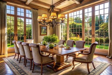 Fototapeta premium Spacious Dining Room with Wooden Table, Garden View, Chandelier, Eight Chairs