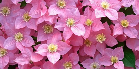 Vibrant rose pink Clematis Montana flowers create a stunning banner. The beautiful lush flowering Clematis Passion blooms with numerous clematis flowers and bright yellow finger stamens on a sunny