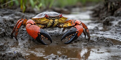 Crab on mud clay by the seaside, showcasing the vibrant ecosystem where crabs thrive. Observe the crab s natural habitat in the mud clay, highlighting its adaptation to the coastal environment.