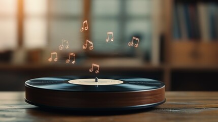 Obraz premium A Vintage Gramophone with Floating Musical Notes Creating a Dreamy Atmosphere of Nostalgia and Music Magic in a Cozy Interior Setting