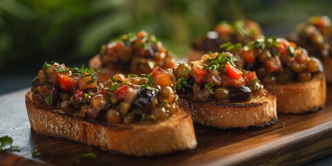 Toasted bread topped with flavorful eggplant caviar, highlighting the unique texture and taste of eggplant caviar in this delightful culinary presentation. Selective focus enhances the visual appeal.