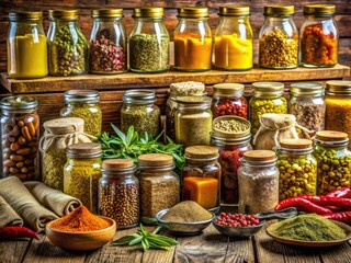 Glass jars overflow with fragrant herbs and spices, neatly arranged on rustic wooden shelves.