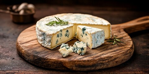 Fototapeta premium Danish blue cheese displayed on a wooden board, showcasing the rich textures and colors of Danish blue cheese, perfect for gourmet food presentations and culinary delights.