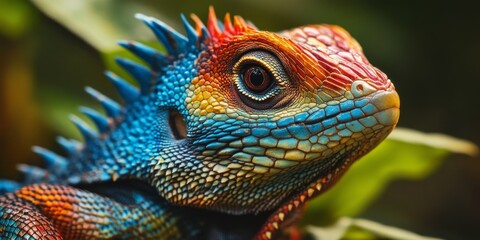 Fototapeta premium Close up of a maned forest lizard, showcasing the intricate details of its vibrant colors and unique features. This animal close up captures the essence of the maned forest lizard beautifully.
