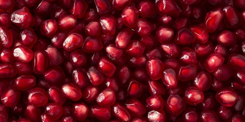 Pomegranate seeds arranged in a pile, showcasing the vibrant red hue of punica granatum. These juicy pomegranate seeds capture the essence of sweetness, highlighting the delectable nature of these
